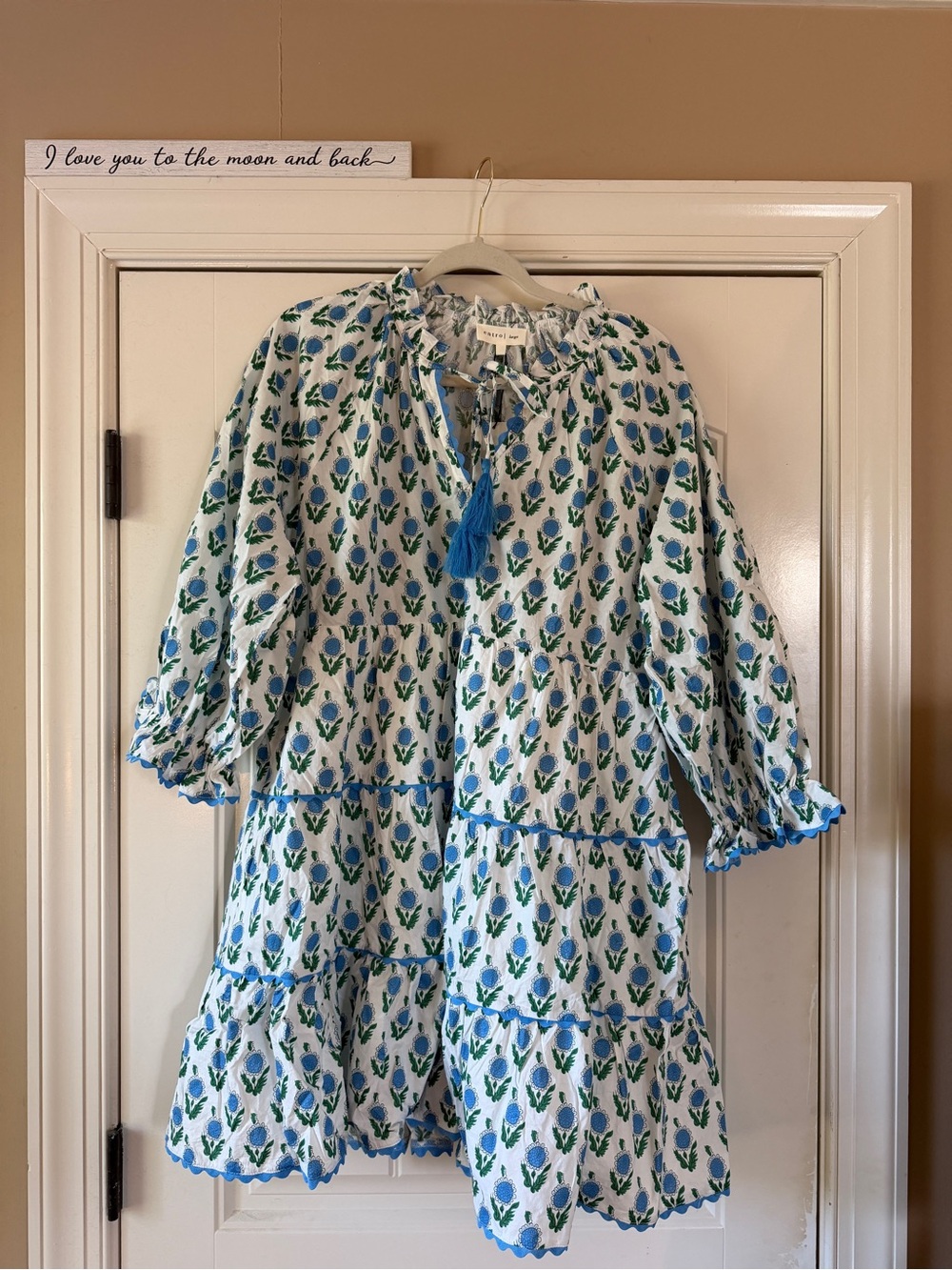 entro Blue & Green Floral Tiered Casual Dress with Tassel